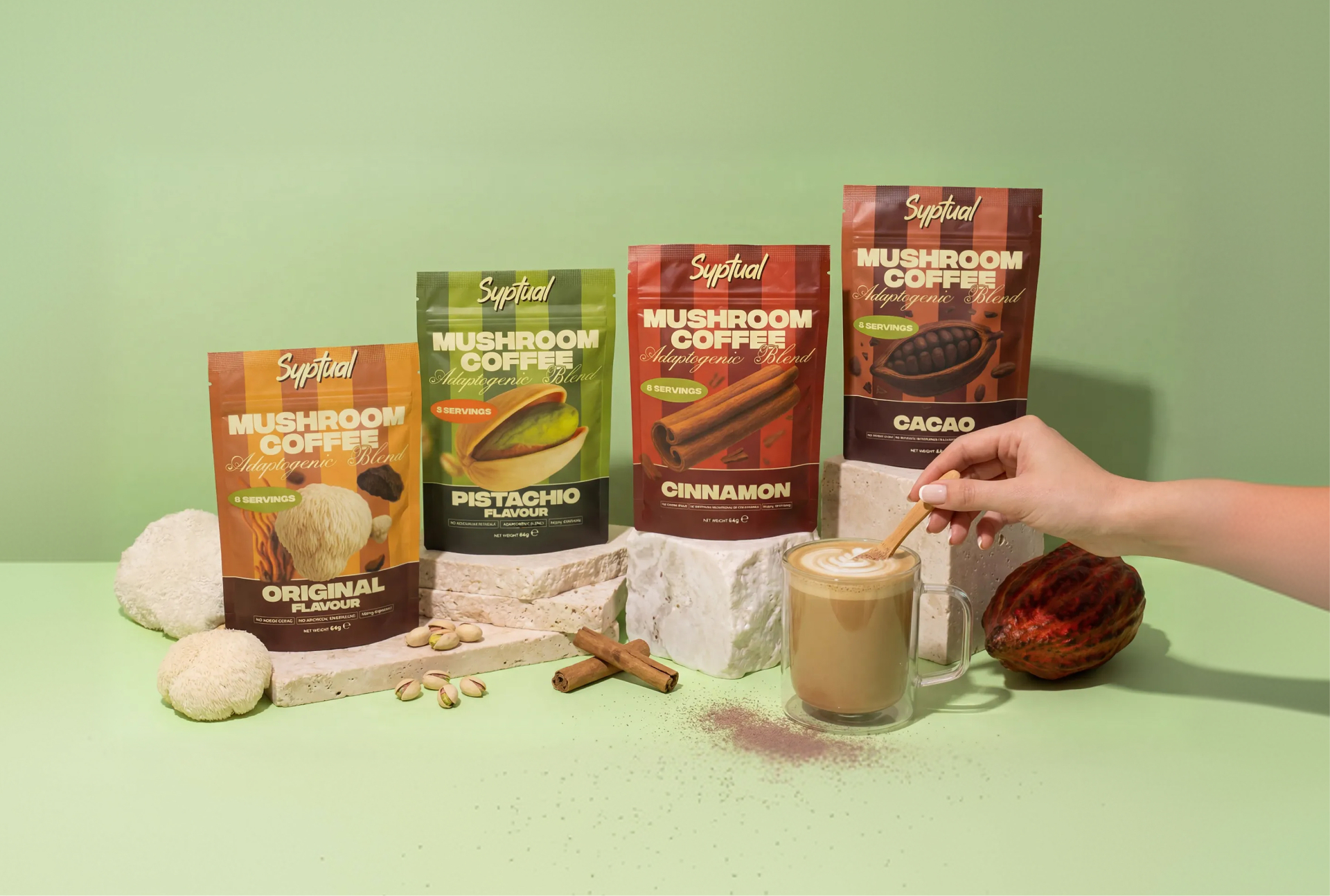 Syptual mushroom coffee lineup - Original, Pistachio, Cinnamon and Cacao with latte and ingredients